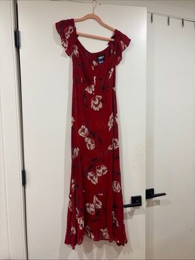 Reformation Red Floral Maxi Dress with Ruffled Cap Sleeves